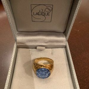 Lalique ring sz 7 with blue crystal floral motif.